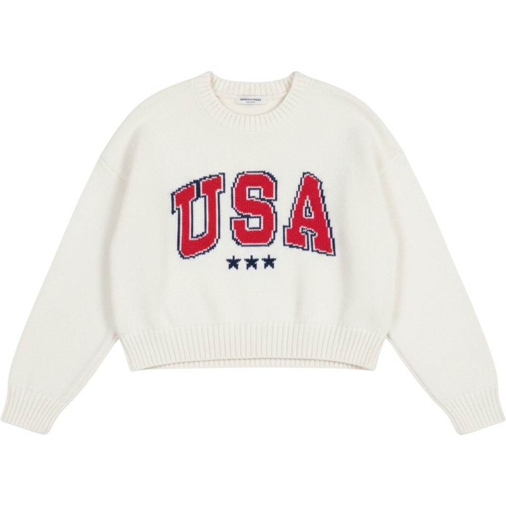 Grayson Threads USA Graphic Knit Cropped Sweater White Large Patriotic Crew Neck